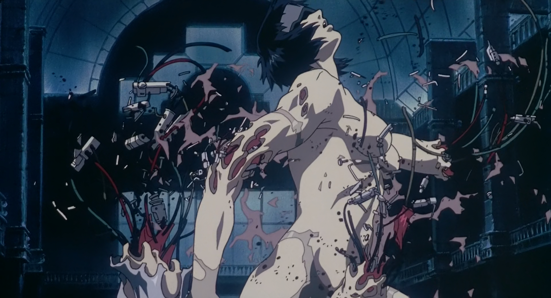 Anime screenshot, a cyborg's body breaks down with parts flying in all directions. The iconic scene from Ghost in the Shell, 1995 movie.