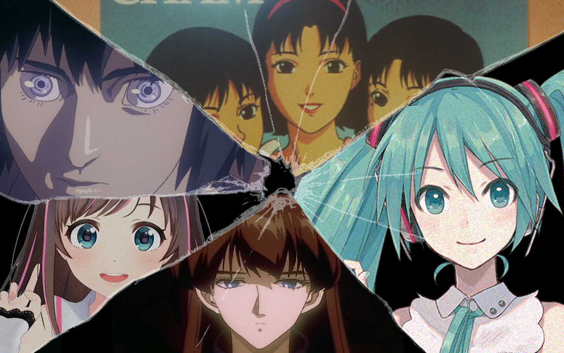 Animey idol characters in Celluloid style forming a circle with a shattered glass template.