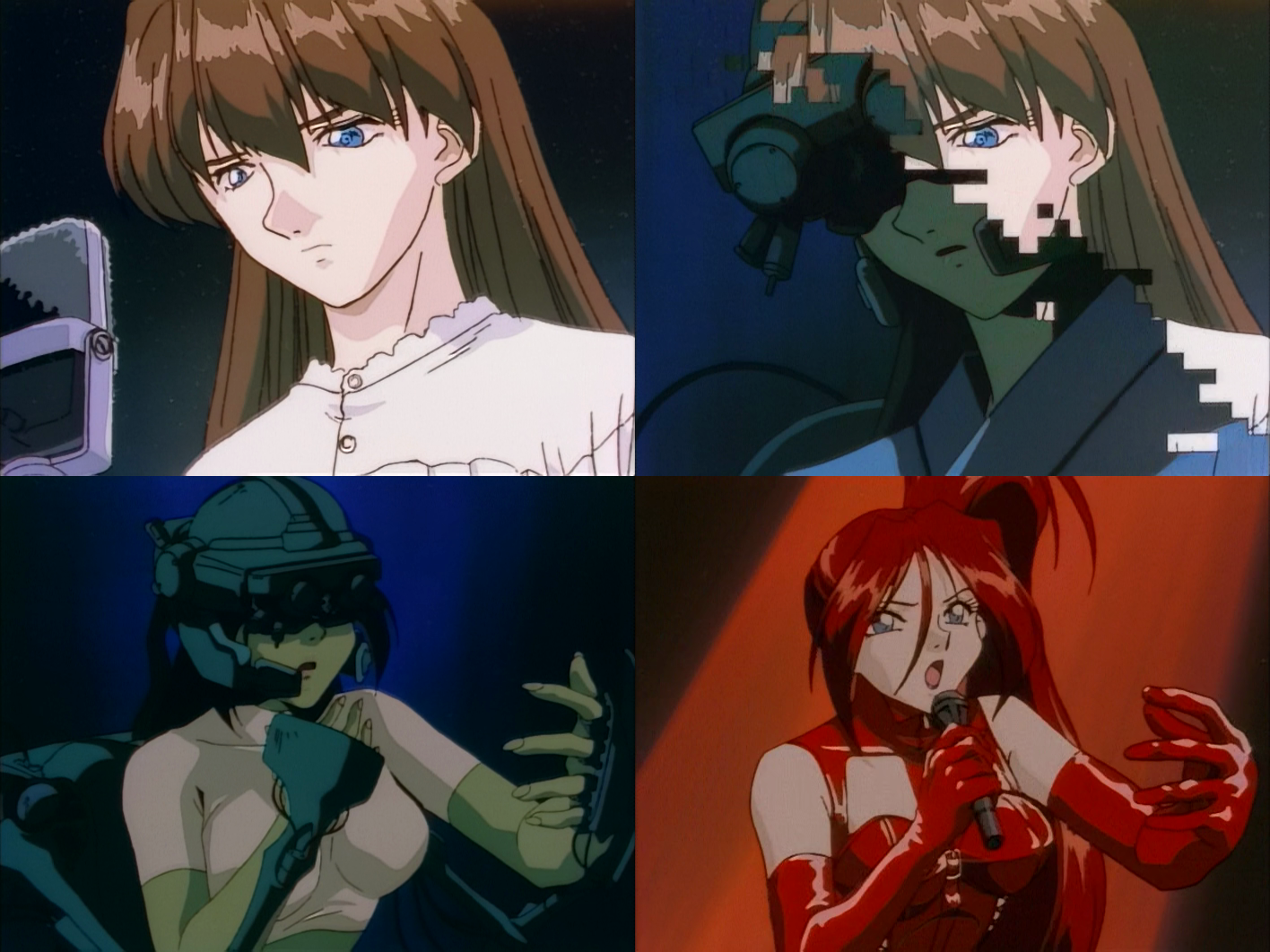 2x2 image collage of anime screenshots. The first two depicts how a human actor is underneath a virtual figure, and the last two depict